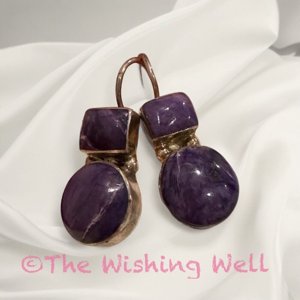 Rare Vintage Charoite 950 Sterling Silver Dangle Earrings
